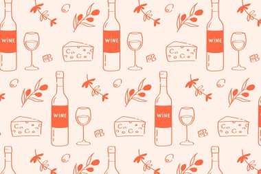 Şarap ve peynir desenli el çizimleri şişe, bardak, zeytin dalları karalama tarzında.