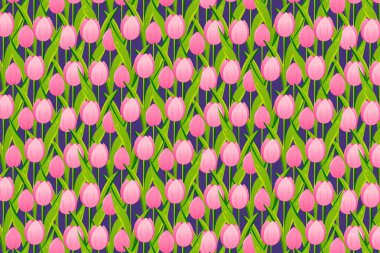 Düzenlenebilir arka planda kusursuz pembe laleler. Mor arkaplanda düz vektör illüstrasyon çiçekleri. Ambalaj kağıdı, arkaplan ve duvar kağıtları için uygun.