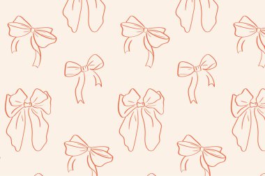  Elle çizilmiş klasik fiyonklu kusursuz vektör deseni. Yumuşak bej arkaplanda sevimli ve zarif kırmızı kurdele çizimleri.