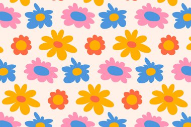 Neşeli bir pastel renkte retro-tarz papatyalar içeren bir çiçek deseni. Paketleme, tekstil, web ve kırtasiye için ideal.