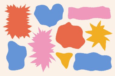 Soyut renkli şekiller seti, organik kabarcıklar ve modern oyuncu tasarım için karalama elementleri. Elle çizilmiş soyut renkli şekiller ve organik kabarcıklar. Eğlenceli modern tasarımlar için mükemmel..