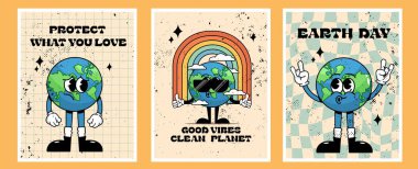 Retro Earth çizgi film posterini sevdiğinizi koruyun. Gezegeni korumak için cesur bir mesajı olan Dünya karakteri. 60s70 tarzında eskimiş kumaş..