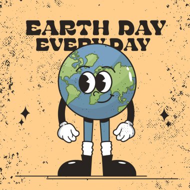 Retro Earth Day çizgi film karakteri, şirin bir yüzü ve kalın bir klasik yazısı var. Büyüleyici bir çizgi film karakteri. Retro gözleri ve botları var. Gururla 