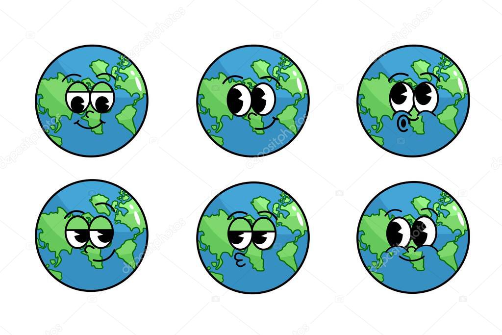 Cheerful happy earth character in trendy retro style of 60s 70s. Planet concept. Happy Earth Day. Cute set of vector emoji retro expressions.