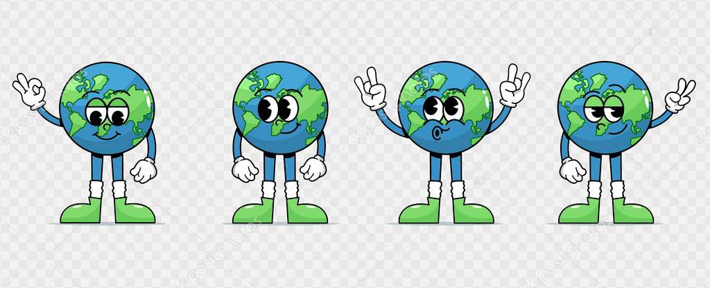 Retro Earth Cartoon Characters. Cute symbols, mascot with faces, different poses of hands and feet. Playful cheeky happy planet earth in trendy retro comic style. Earth Day.International Mother Earth