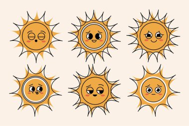 Klasik güneş emojisi, sevimli üzgün ve uykulu karikatür yüzlerini modaya uygun hale getirdi. Duygusal yüzlü, uykulu, üzgün, sevimli ifadeli eski çizgi film karakterleri.