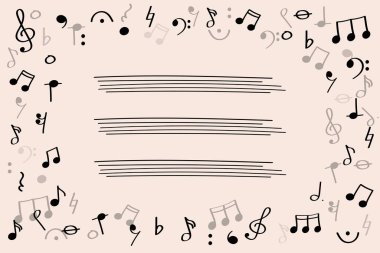 Dünya Müzik Günü veya Caz Günü için pastel arka planda notalar ve semboller içeren müzik çerçevesi. El çizimi müzik sembolleri karalama stilinde yumuşak pastel arka planda yaratıcı bir çerçeve oluşturur.