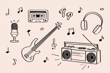 Dünya Müzik Günü için çizilmiş müzik seti. Çeşitli müzik ögelerine sahip oyuncu el çizimi vektör çizimi: bas gitar, mikrofon, kaset, kulaklık, teyp ve kablosuz kulaklık