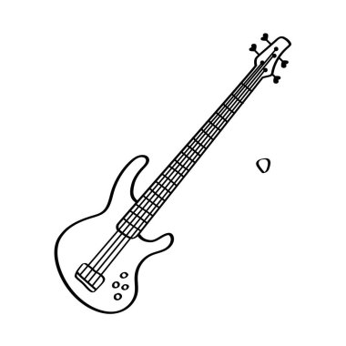 Rock müzik günü veya konser tasarımı için elektro bas gitar karalaması. Minimalist el yapımı elektro gitar ve pena. Rock konserleri ve müzik etkinlikleri için harika..