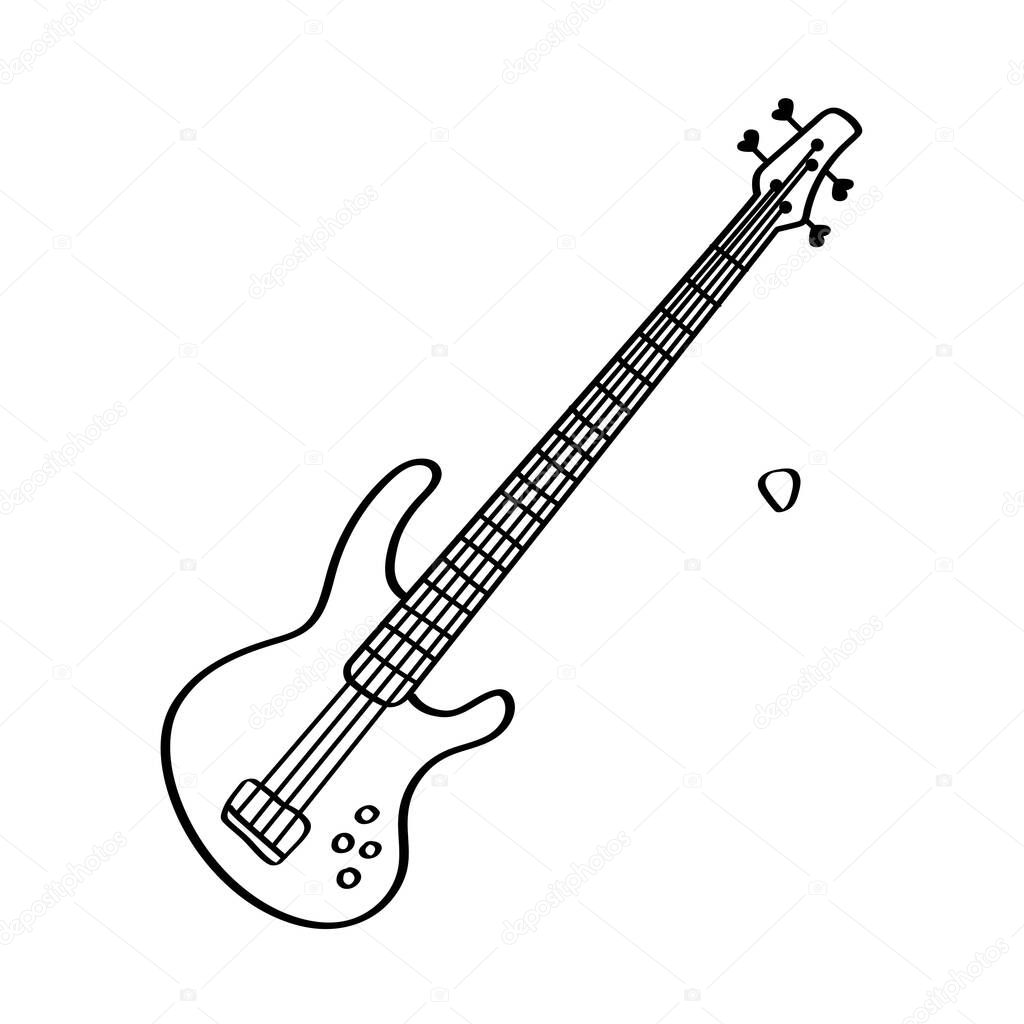 Electric bass guitar doodle for rock music day or concert design. Minimalistic hand-drawn electric bass guitar with pick. Great for rock concerts and music events.