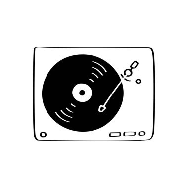 Müzik günü veya DJ tasarımı için vinil plak tasarımı içeren Retro Plak Tablosu. Üstünde vinil plak olan el çizimi pikap. DJ temaları, retro partiler veya müzik tatili illüstrasyonları için harika.