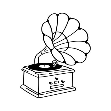 Dünya Müzik Günü veya antik ses tasarımı için klasik gramofon çizimi. Boynuz hoparlörlü el yapımı gramofon ikonu. Antika müzik temalı tasarımlar veya posterler için ideal..