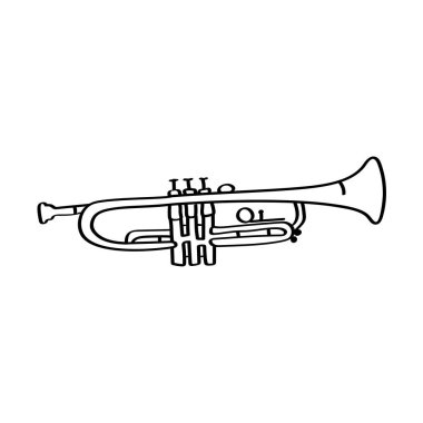Klasik veya caz müzik tasarımları için el yapımı trompet karalaması. Karalama tarzında klasik trompet ikonu. Caz günü, orkestra posterleri ya da müzik grafikleri için harika..