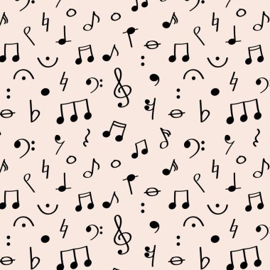 Küresel Müzik Etkinlikleri için notalar ve dinlenme yerleri ile el çizimi kusursuz desen. Pastel arka planda eğlenceli el yapımı müzik unsurları ile kusursuz desen. Posterler, ambalajlar veya kumaşlar için ideal.