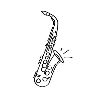El yapımı saksafon karalama çizimi müzik günü tasarımları için caz enstrümanı ikonu. Beyazın üzerine siyah çizilmiş minimalist saksafon eskizi, caz günü, müzik etkinlikleri ve eğitim için mükemmel..