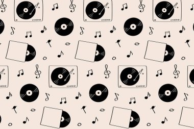 Plaklar, notalar ve siyah ve bej renkli retro müzik tasarımı olan kusursuz bir model. Caz etkinlikleri veya retro dekoru için vinil kayıt ve müzik simgeleriyle tekrarlanan desen.