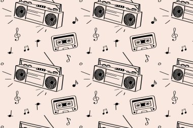 80 'lerin titreşim tarzında teyp, kaset ve müzik notaları olan kusursuz bir retro müzik deseni. Eski moda hip-hop müzik kutuları, kaset kasetleri ve el yapımı müzik sembolleriyle esinlenilmiş bir model..