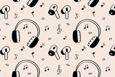 Kulaklıklar, kulaklıklar ve müzik ikonları ses teknolojisi temalı modern, pürüzsüz desen. Kablosuz kulaklıklar, kulaklıklar ve notlarla çağdaş motifler. Dijital müzik temaları için harika.