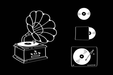 Klasik müzik ikonu gramofon, vinil plak ve pikabın beyaz çizgi karalama stili. Siyah arkaplanda retro müzik simgeleri kümesi: gramofon, vinil, kolluk ve doodle tarzı oynatıcı.