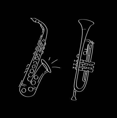Caz enstrümanları siyah arka plana el yapımı saksafon ve trompet çizer. Beyaz çizgili saksafon ve trompet caz günü, konserler ve müzik posterleri için mükemmel..