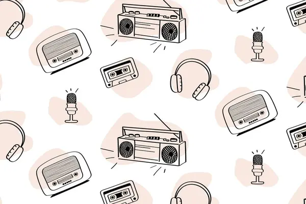 Retro radyo, kaset, kulaklık ve mikrofon günü kutlamalarıyla kusursuz bir düzen. Dünya Müzik Günü veya yaratıcı projeler için karalama tarzında klasik ses ögelerine sahip desen.