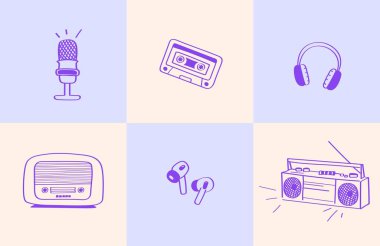 Retro Müzik Simgesi Kulaklıkları, Kaset, Mikrofon, Radyo, Müzik Kutusu, Kulaklıklar. Çıkartmalar, uygulamalar veya markalaşma için mükemmel minimal tasarımı olan retro müzik simgeleri hakkında 6 el çizimi.