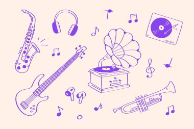 Klasik Jazz Enstrümanları ve Kulaklıklar Gramofon, Saksafon, Trompet, Bas. Cazdan esinlenilmiş retro sanat tarzında müzik enstrümanları ve ses aksesuarları koleksiyonu.