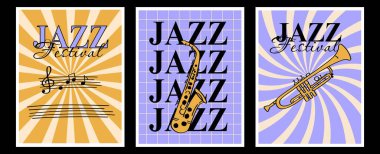 Jazz Festivali Posteri Retro Style Design 'da Saksafon ve Trompet Seti. Trompet ve saksafon illüstrasyonlu eski moda caz posterleri, müzik etkinlikleri ve dekorasyon için ideal..