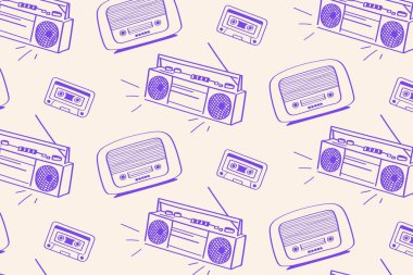 Boombox, Radio ve Cassette Patern Klasik Ses Özgeçmişi. Nostaljik müzik tasarımları için harika retro müzik kutuları, radyolar ve kasetlerle kusursuz tekrarlanan şablon.