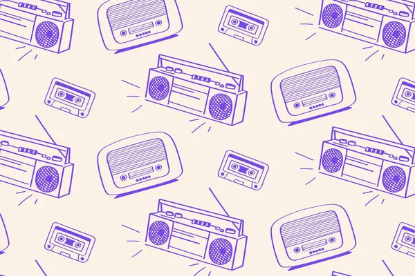 Boombox, Radio ve Cassette Patern Klasik Ses Özgeçmişi. Nostaljik müzik tasarımları için harika retro müzik kutuları, radyolar ve kasetlerle kusursuz tekrarlanan şablon.