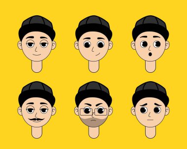Siyah Cap Yüz İfadeleri ile Çizgi Film Erkek Avatar Seti Animasyon, UI, Game, Chatbot, Sosyal Profil Tasarım Vektörü İlülasyonu İçin Duyguları ve Karakterleri Paketle