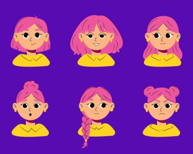 Şirin Pembe Saçlı Kız Avatar Sürüsü Vektör Karikatür Duyguları ve Saç Tarzları Kadın Karakter Yüzleri UI, Oyunlar, Animasyon, Çıkartmalar ve Sosyal Medya Tasarımı
