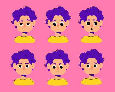 Oyunlar, Uygulamalar, UI, Chatbot ve Animasyon Projeleri Düzenlenebilir Yüzler İçin Kıvırcık Mor Saçlı Genç Çizgi Film Çocuğu ve Avatar Sürüsü Düz Karakter Tasarımı