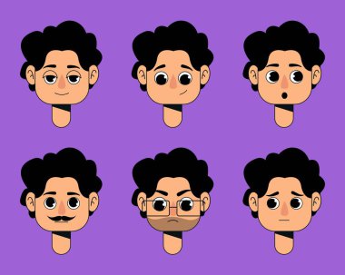 Kıvırcık Saçlı Çizgi Filmci Avatar Duygusal Yüz İfadeleri Uygulama, Oyun, UI, Sosyal Medya, Animasyon ve Chatbot Kullanımı için Düz Vektör Karakteri