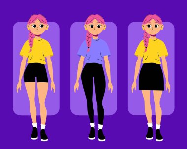 Çizgi film karakterleri dizisi. Farklı kıyafetleri olan ve animasyon ve tasarım projeleri için poz veren kız.