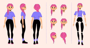 Canlandırma kiti ve yaratıcı tasarım için çeşitli yüz ve uzuvları olan bir kadın karakter yaratmak için tam set. Kadın karakter pembe saçlı ve örgülü animasyona hazır.