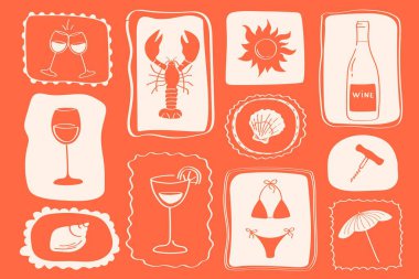 Kolaj tarzı yaz mevsimi deniz ürünleri, içecekler, güneş, plaj giysileri ve deniz kenarında tatil malzemeleriyle hazırlanır.