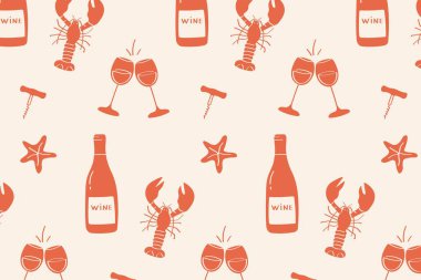 Şablon Akdeniz yemeği ve şarap çizim tarzında. El yapımı şarap bardakları ıstakoz, deniz ürünleri. Doodle tarzı illüstrasyon. Minimalist yiyecek ve içecek vektörü