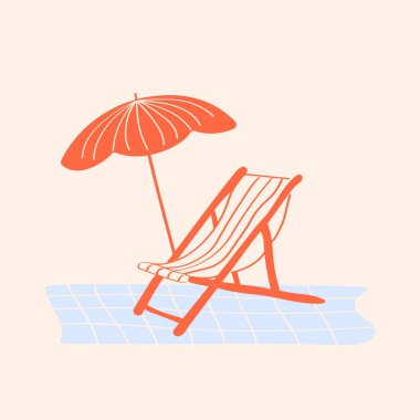 Havuz kenarında şemsiyenin altında plaj sandalyesi olan minimalist bir tırmanış. Tatil grafikleri, tatil promosyonları ya da yaz rahatlama temaları için harika.