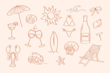 Karalama çizgisi tarzında yaz sanat öğeleri. Plaj tatil taslak simgeleri: bikini, ıstakoz, şarap, güneş, sörf tahtası, şemsiye, dalgalar ve daha fazlası. Yaz projeleri ve seyahat grafikleri için basit satır biçimi.