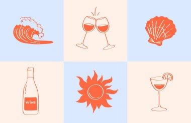  Akdeniz yemeği, şarap ve yaz tatili hakkında karalama çizimi tarzında 6 çizim. Deniz ürünleri, şarap bardakları, şarap şişesi, güneş, dalga, kokteyl retro plaj temalı bloklar.