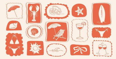 Sörf tahtaları, ıstakozlar, mayolar, öküzler, şemsiyeler, deniz kabukları, şarap bardakları, kokteyl bardakları ve ana hatlarıyla güneş sembolleri içeren yaz simgeleri.