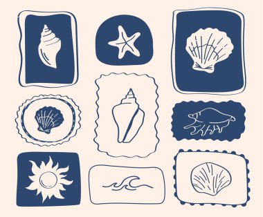 Hand-drawn beach element set with shells, starfish, flower, waves and sun ocean-themed vector illustrations in soft vintage colors for coastal design.
