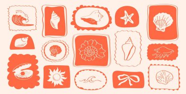 Coastal clipart set with lobster, wine, shells, flowers and waves hand-drawn summer elements in coral red frames for beach-themed design projects.
