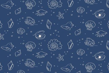 El yapımı deniz kabukları, deniz yıldızları, çiçekler ve dalgalar ile donanma mavisi, dikişsiz okyanus deseni tekstil ve ambalaj için tekrar ediyor..