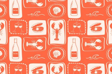  Deniz ürünleri, şarap ve yaz mevsimlerinde kusursuz desenler. Açık arkaplanda mercan kırmızısı renkli kare simgeler var..