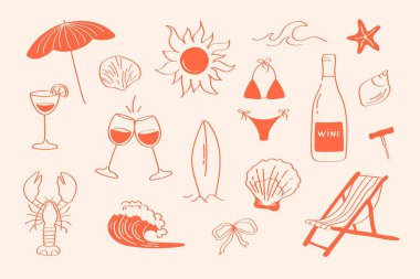 El yapımı yaz tatili seti: şarap bardakları, güneş, dalgalar, ıstakoz, şemsiye, bikini, deniz kabukları, sörf tahtası. Plaj temalı tasarım ve seyahat projeleri için mükemmel. Doodle Stili Yaz İllüstrasyonu.