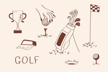 Golf ikonu setinde kupa, başlama vuruşu, çanta, bayrak ve karalama tarzında tipografi yer alıyor. Spor markalaşması, bilgi görselleri, blog illüstrasyonları veya temalı paketleme için harika.