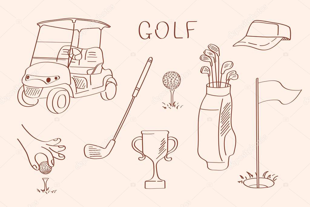 Minimal golf icons: bag, ball, golf cart, cap, club, hand with golf ball, trophy and hand drawn doodle style text. Clean vector set for print projects, e-learning platforms, branding or golf themed pa