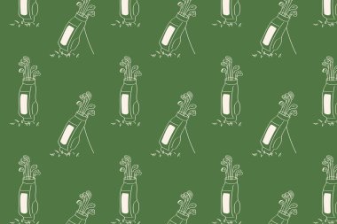 Elle çizilmiş golf çantaları ve yeşil arka planda golf sopaları olan kusursuz bir golf deseni. Spor temalı tekstil, ambalaj, duvar kağıdı ya da ambalaj kağıdı için mükemmel.
